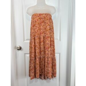BOHO Floral Smocked Strapless Tiered Midi Dress Orange Pink Small Summer Prairie